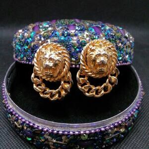 Vintage Lion Head Earrings Door Knocker Clip On Gold Tone Cuban Chain Link Loop